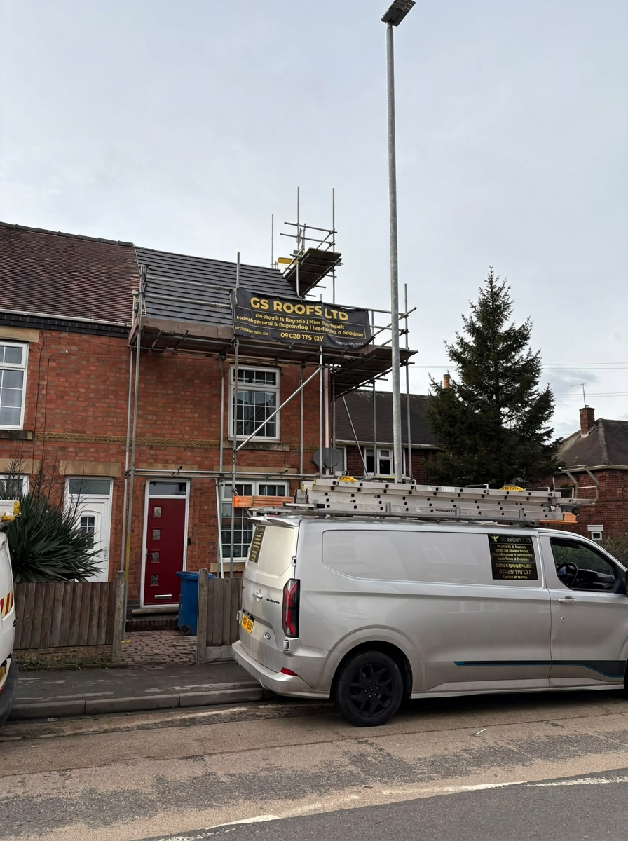 Full re-roof project in Cannock with scaffolding on a Staffordshire semi-detached home