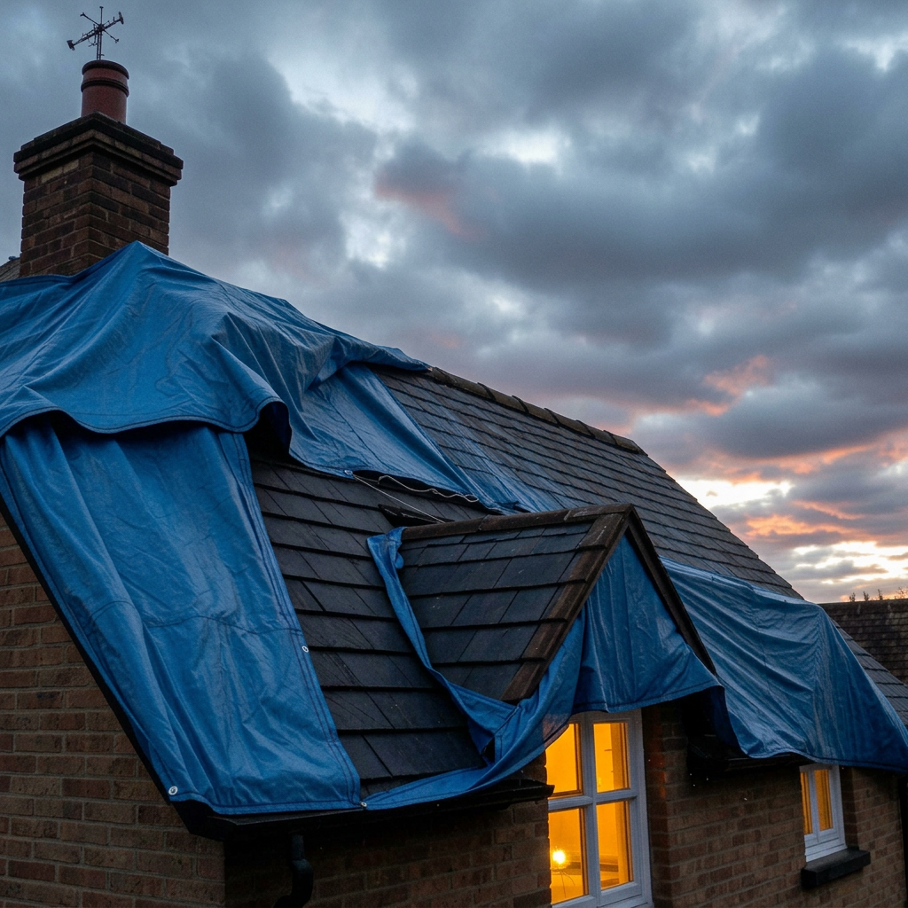 Blue tarpaulin securing a storm-damaged UK roof at dusk
