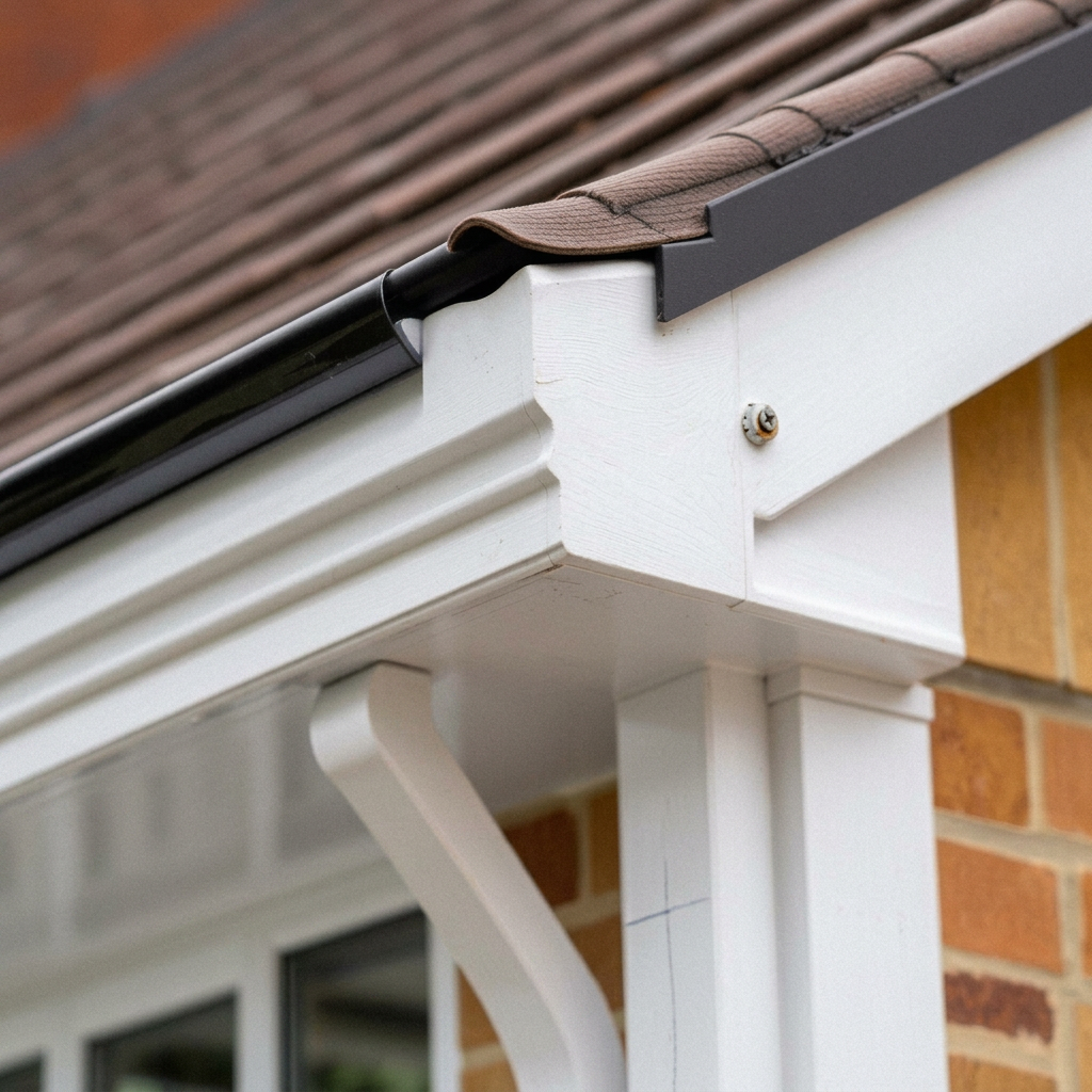 Freshly fitted white UPVC fascias and soffits under a UK roofline